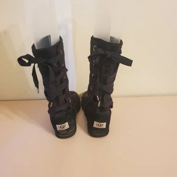 Ugg 8‎ Black Knit Winter Boots 1000693 Back Lace Up Sheepskin HEIRLOOM - Picture 4 of 9